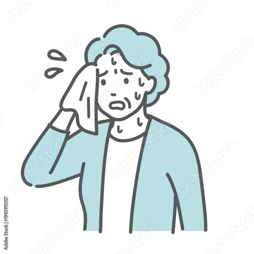 大量に汗をかいて辛そうなシニア女性（おばあちゃん）のイラスト