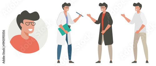 Man cartoon vector icon isolated modern minimal illustration drawn doodle set, doctor or engineer male person, avatar user account human portrait, professional character people in glasses smiling