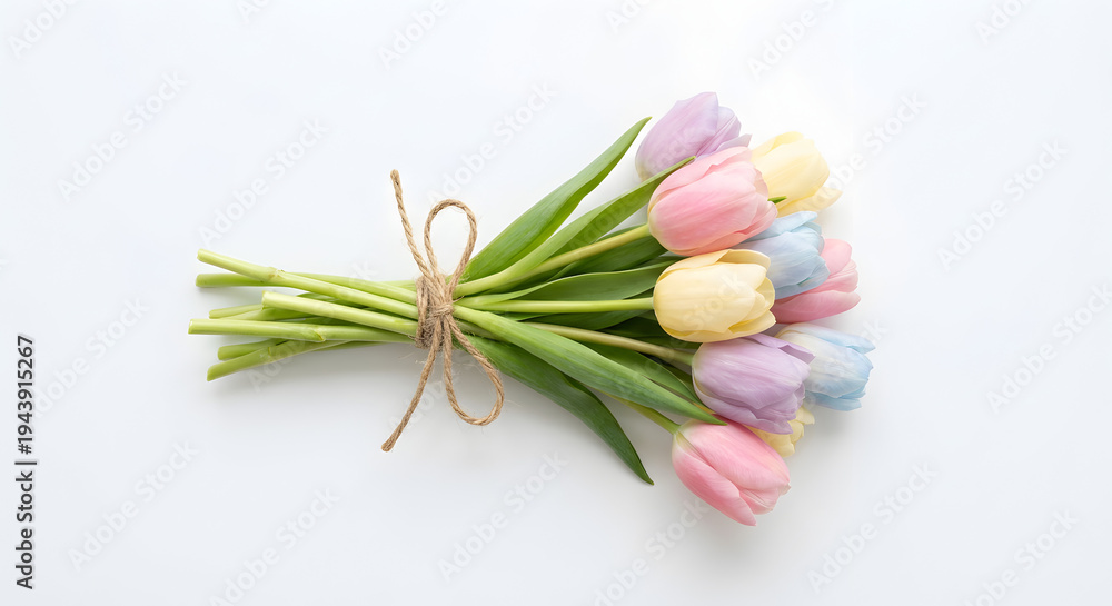 Naklejka premium A bouquet of colorful tulips tied with twine on white background
