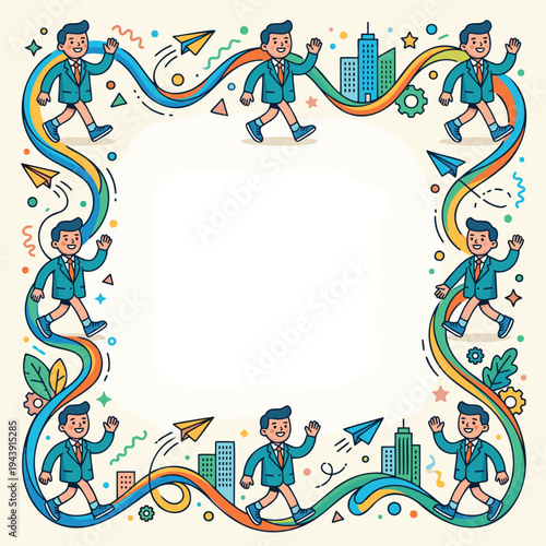 A colorful illustration of cartoon businessmen walking along a winding path with paper airplanes and cityscapes, forming a decorative frame.