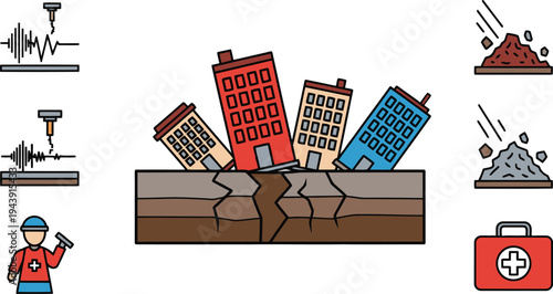 Illustration depicting earthquake effects: shaking ground, damaged buildings, and rescue elements, earthquake, disaster, damage, buildings, ground, cracked, shaking