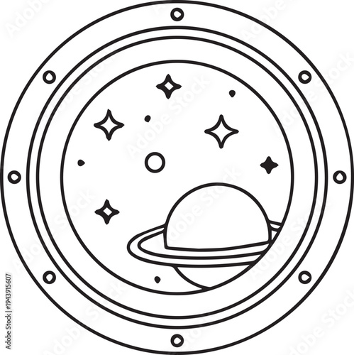 Vector illustration of a planet and stars viewed through a spaceship porthole