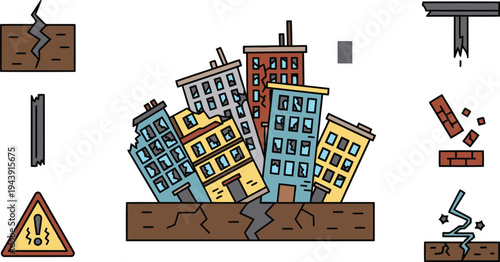 Earthquake damage illustration: cracked ground and damaged buildings with warning sign with natural disaster with illustration with seismic activity with earthquake