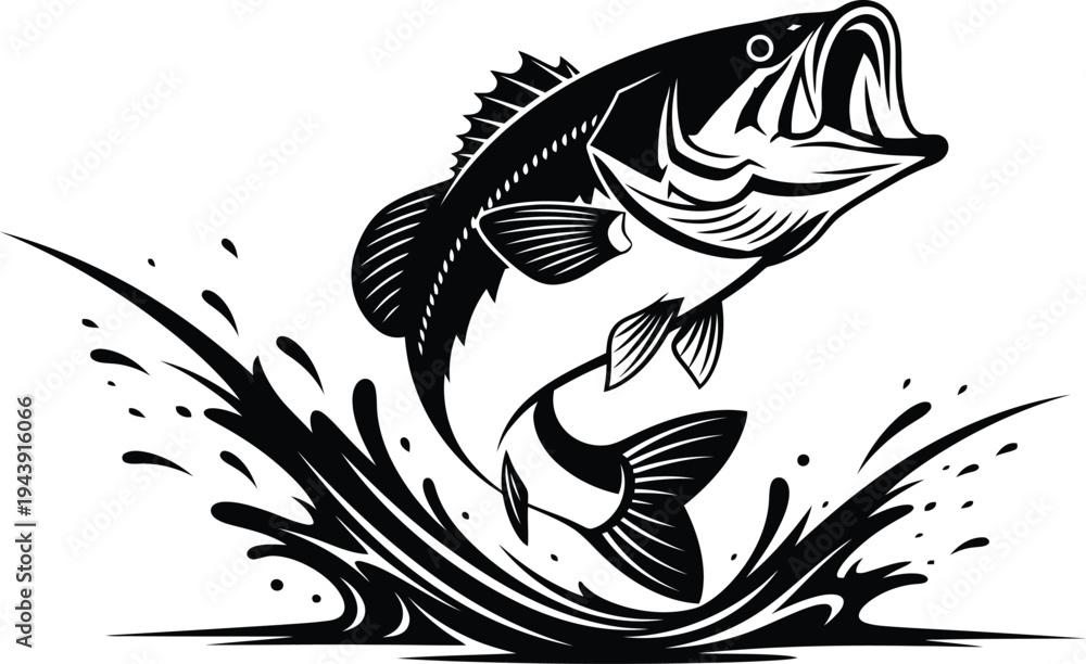 Fototapeta premium Powerful black and white bass fish leaping from water with splashes, embodying strength and the thrill of sport fishing, jumping fish, largemouth bass, fish illustration