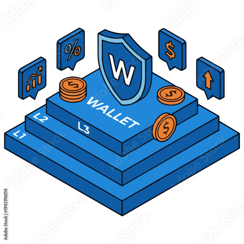A digital illustration of a secure wallet with coins and financial symbols on a blue platform