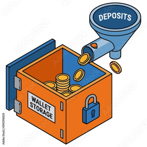 A secure orange box with a blue funnel pouring gold coins labeled 'DEPOSITS' into it marked 'WALLET STORAGE' with a padlock.