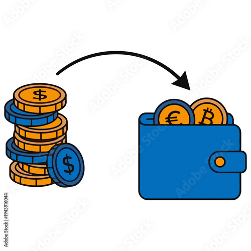 Coins transferring from stack to digital wallet with currency symbols.