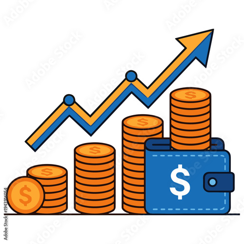 Financial growth graph shows increasing profits with coins and wallet