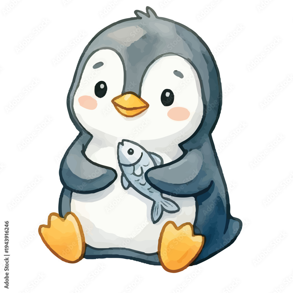 Fototapeta premium Cute cartoon penguin enjoying in winter snow iilustration
