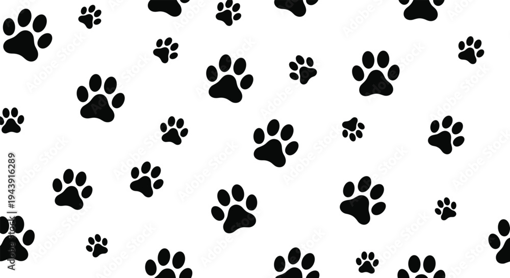Fototapeta premium Playful collection of black paw print patterns on a white background