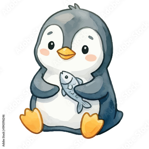 Cute cartoon penguin enjoying in winter snow iilustration