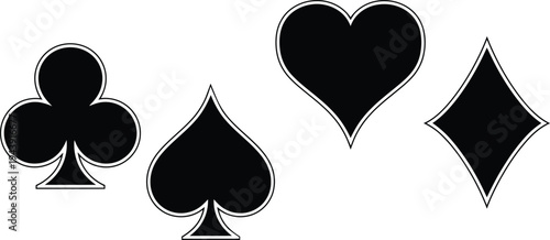 Classic black playing card suit symbols - vector icons for games, casino, and graphic design projects, club symbol, spade symbol, heart symbol, diamond symbol