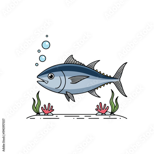 Illustration of a blue tuna swimming near colorful coral and seaweed in the ocean with bubbles rising to the surface.