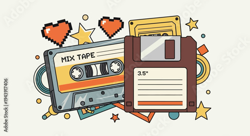 A nostalgic collection of retro tech items, including a mix tape and floppy disk.