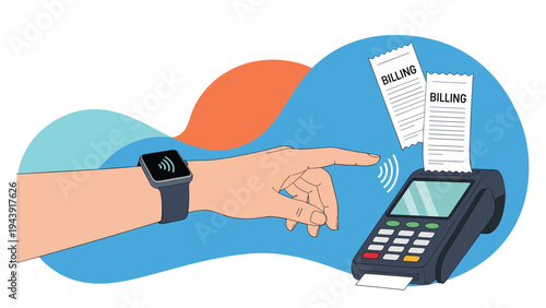 Contactless payment concept showing a hand with a smartwatch paying at a wireless POS terminal with printed billing receipts.