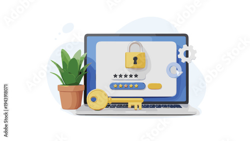 Modern laptop displaying a secure login screen with a gold padlock, password field and key icon next to a potted houseplant.