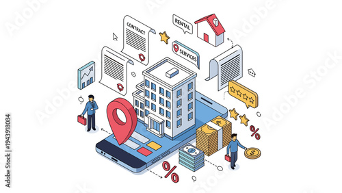 Isometric real estate market concept on a smartphone with a building, location pin, money stacks and property documents.