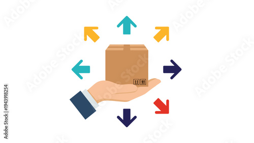 Hand holding a brown cardboard box surrounded by colorful arrows pointing outwards to represent global shipping and logistics.