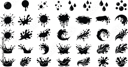 Black dripping ink. Isolated spots of paint, floating oil blots, vector set. Blob paint, ink splatter, black, stain, and drip illustration
