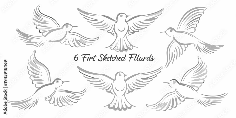 Obraz premium Six sketched birds in various flight poses grayscale illustration