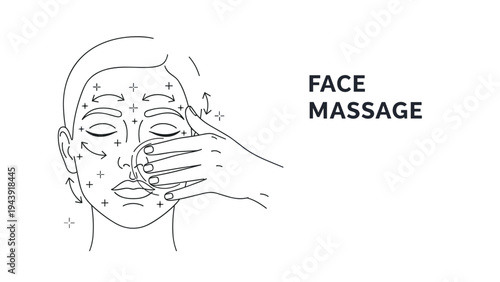 Black and white line drawing of a woman face with massage instructions and arrows for facial care and skincare routine.
