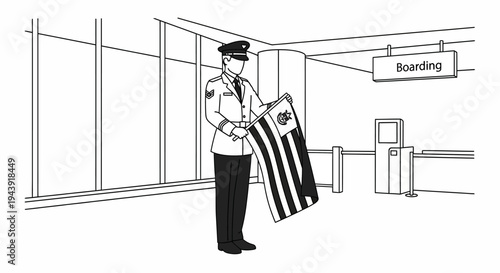 Airport security officer holding Malaysian flag at boarding gate