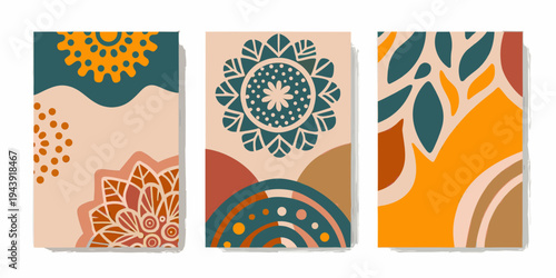 Abstract botanical triptych with geometric shapes and warm color palettes