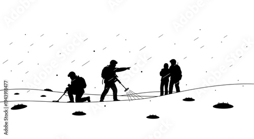 Archaeologists excavating in a desolate landscape, searching for artifacts