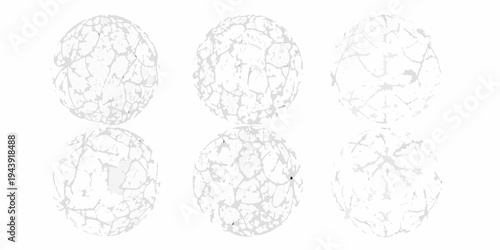 Abstract arrangement of six cracked spherical shapes on a white background