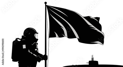 Astronaut planting black flag near submarine, symbolizing exploration, mystery, and new frontiers.
