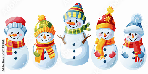 A cheerful row of colorful snowmen wearing hats and scarves