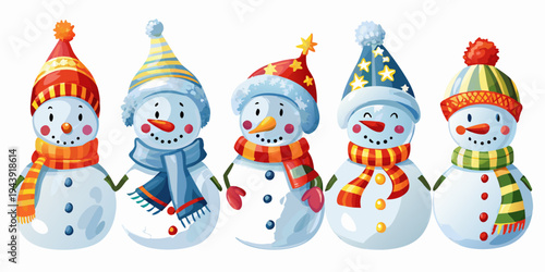 Five cheerful snowmen wearing colorful hats and scarves stand in a row