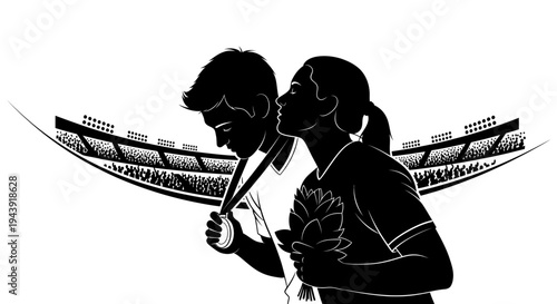 Athletes Celebrating Victory with Medal and Trophy at Stadium