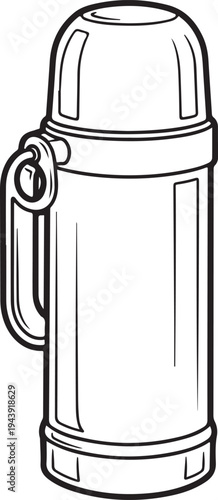 Black and white line of a vacuum flask with a handle thermos bottle container drinkware
