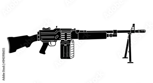 Black silhouette of a heavy machine gun with bipod and magazine