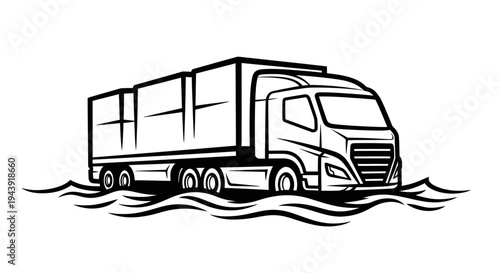 Black and White Line Art of a Semi-Truck Driving Through Waves