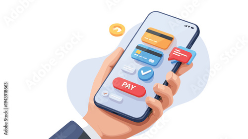 Hand holds smartphone for secure mobile payment with credit cards and red pay button on screen against white background.