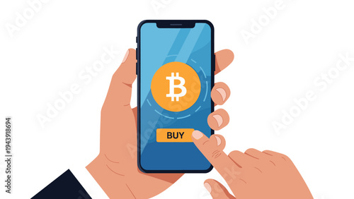 Person buys bitcoin using mobile phone app interface showing cryptocurrency coin symbol and orange buy button on screen illustration.