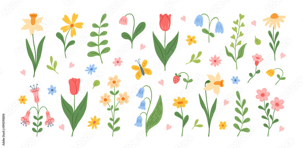 Fototapeta premium Spring and summer abstract hand drawn flowers. Floral elements, wildflower, tulips, leaves and herb, daffodil, foliage. Beautiful blossom meadow and garden flowers. Vector illustration.
