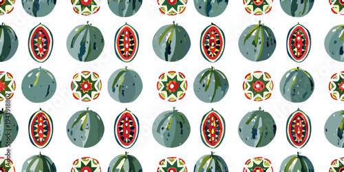 Repeating pattern of stylized watermelon slices and whole fruits