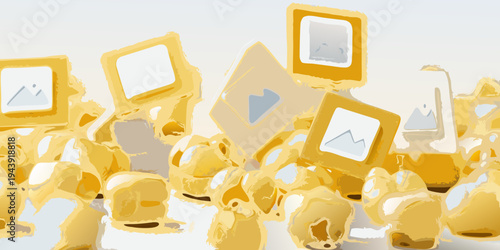 Abstract arrangement of golden frames with subtle internal images