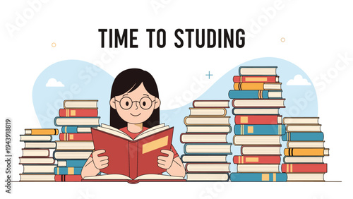 Young girl with glasses reads red book in front of tall stacks of textbooks with motivational time to study text illustration.