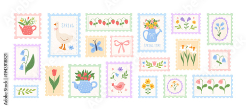 Hand drawn coquette Spring summer postage stamps in whimsical lines. Floral cute vector stickers.  Flowers, watering can, goose, bow, teapot, bouquet blossom flowers, blue and green pastel colors.