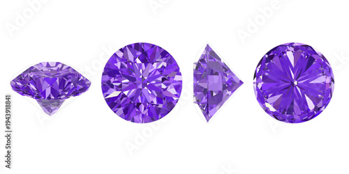 Round Amethyst — Multi‑View 3D Render, Isolated round‑cut amethyst in top, side, pavilion, and star views—perfect for jewelry design, branding, and mockups.