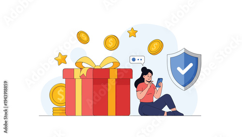 Woman uses smartphone near large gift box with gold coins and blue shield icon symbolizing reward security and online prizes.