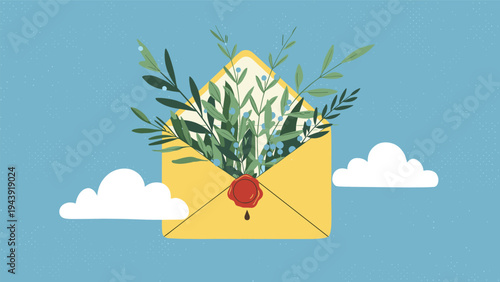 Open yellow envelope with fresh green branches and blue berries inside sealed with red wax stamp against blue sky background.