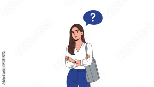 Young woman looking thoughtful with crossed arms and blue speech bubble containing white question mark above her head illustration.