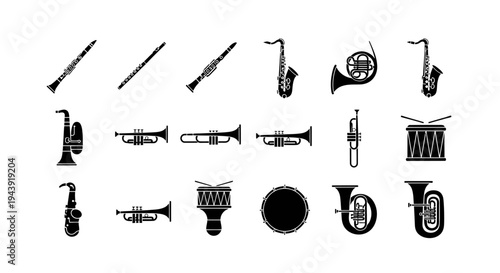 Minimalist flat vector illustration set of musical instrument icons arranged in a clean grid layout.