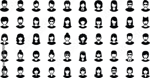 Diverse collection of fifty minimalist black and white male and female user profile avatar icons for web design and mobile applications