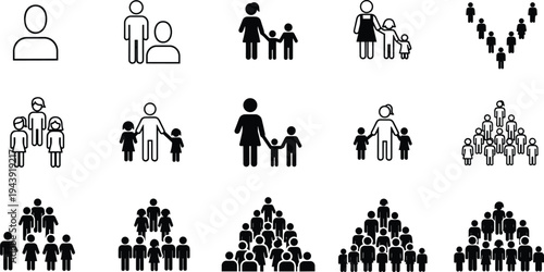 Large set of people icons including family silhouettes, crowd illustrations, community symbols, team member signs, and social group vector collection.